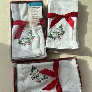 Vintage Windham Weavers Hand Embroidered Napkins - Set of 4 Bells and Holly